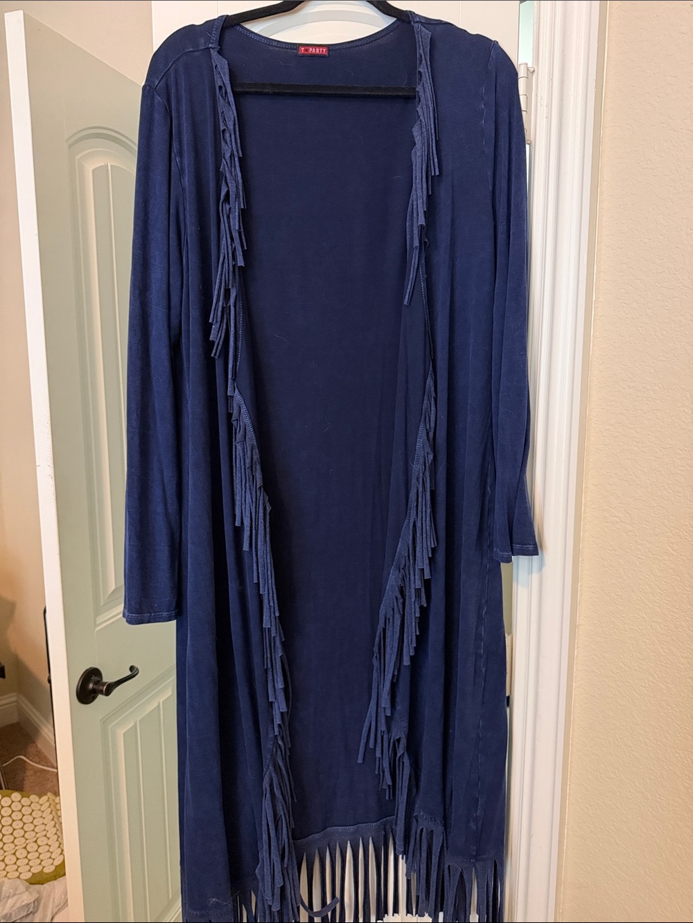 T Party Fashion Navy Long Sleeve Fringe Open-Front Dress
